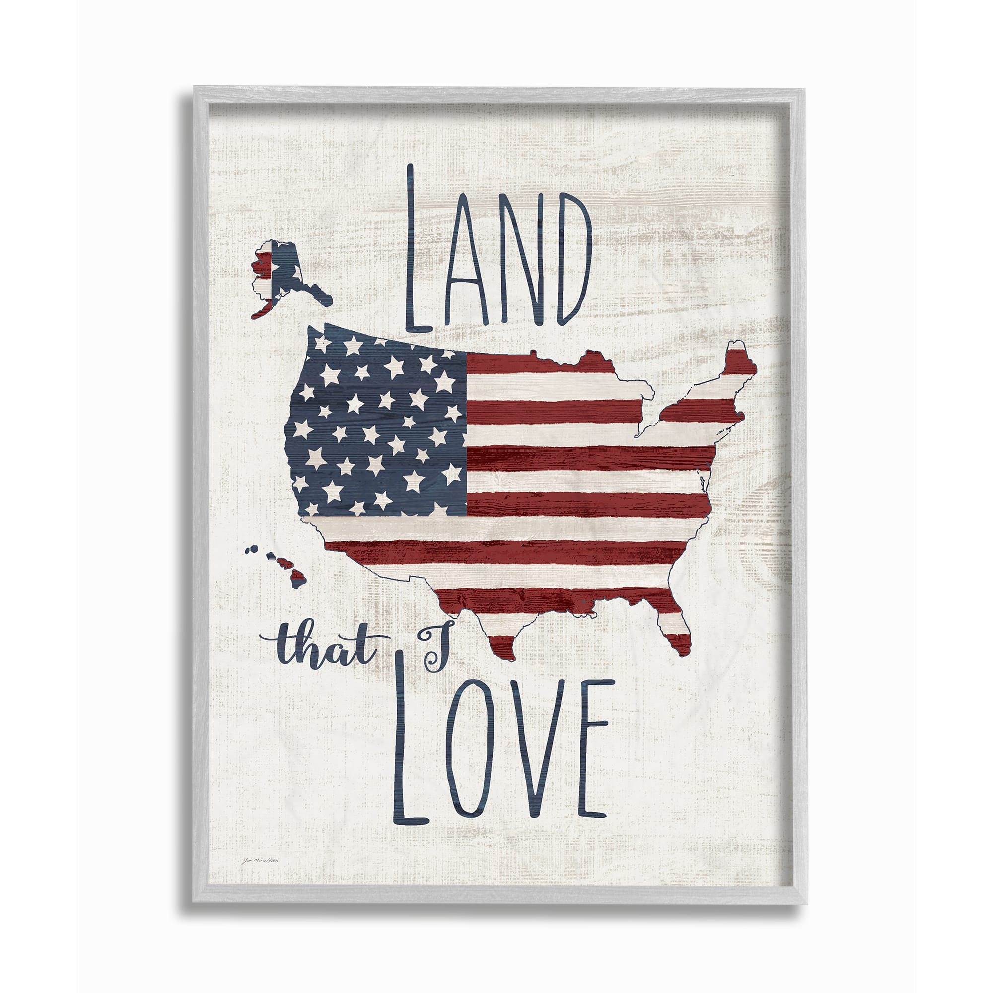 Stupell Industries Land That I Love Stars and Stripes Americana Rustic Wood Look Sign in Gray Frame Wall Art
